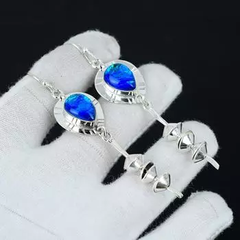 Серьги с австралийским тройным опалом, серебряные серьги, серьги с драгоценными камнями груши, серьги из стерлингового серебра 925 пробы, серьги с драгоценными камнями, серьги для медитации 3.14 синий