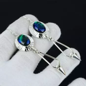 Серьги с австралийским тройным опалом, серебряные серьги, овальные серьги с драгоценными камнями, серьги из стерлингового серебра 925 пробы, серьги с драгоценными камнями, серьги для медитации 3.14 зелёный