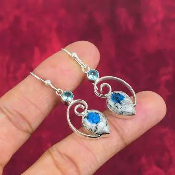 Серьги с азуритом K2, голубым топазом, ювелирные изделия из чистого серебра 925 пробы с драгоценными камнями, серьги ручной работы, на День благодарения 1.97 Inches синий