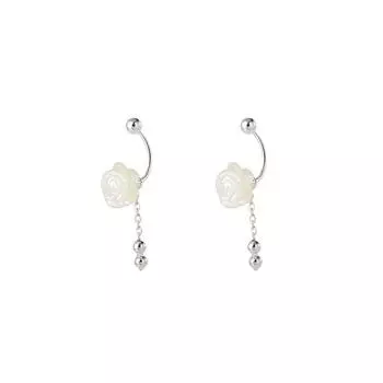 Серьги с бахромой из белых цветов, литературные маленькие свежие круглые бусины, серьги-гвоздики в виде камелии, серьги-гвоздики с подвесками в виде розы сзади copper (one pair)