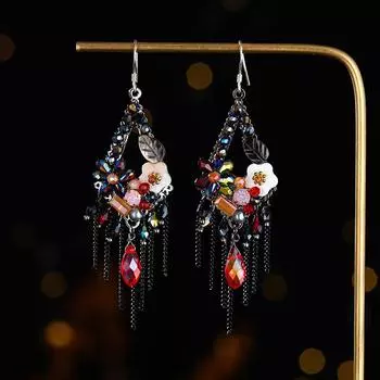 Серьги с бахромой из кристаллов ручной работы, серьги в стиле ретро-бохо, длинные нишевые серьги высокого класса, преувеличенные.