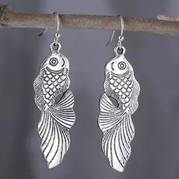 Серьги с бахромой в стиле ретро в этническом стиле, карп, творческая личность, длинные серьги с маленькой рыбкой