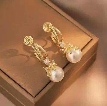 Серьги с бантом из искусственного жемчуга, болтаются, новая спираль от комаров, без пирсинга, зажим для ушей, женский