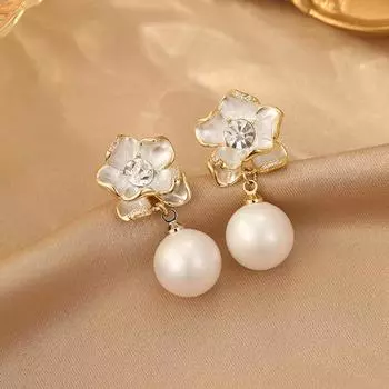 Серьги с белым жемчугом камелии, женские легкие роскошные серьги-гвоздики Niche Design Sense Premium, серьги-цветы французского темперамента 14k