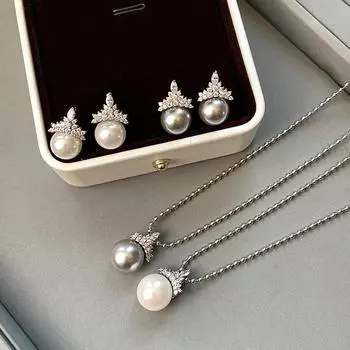 Серьги с белым жемчугом Shijiaao и ожерелье-ключица в виде короны Снежной королевы высшего качества для женщин RF468 earrings серый