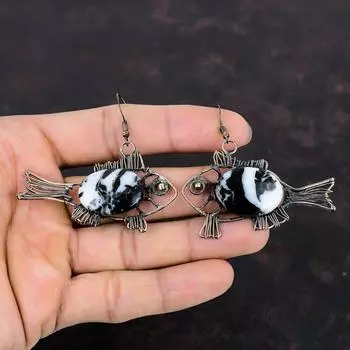 Серьги с бирюзой белого буйвола, медная проволока, серьги с драгоценными камнями, медные украшения ручной работы, серьги с рыбой, подарки для женщин, ювелирные изделия с камнями