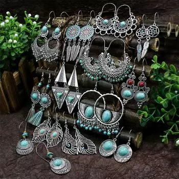 Серьги с бирюзой Богемные серьги-капли с кисточками, геометрический сплав, стиль ретро, эффектные аксессуары для ушей