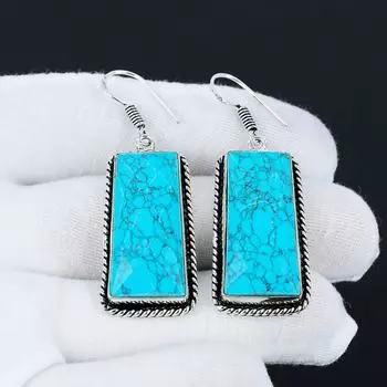 Серьги с бирюзой, серьги из стерлингового серебра 925 пробы, красивый драгоценный камень, серьги с бирюзой и кабошоном, серьги на день рождения, подарок для ее серьги для женщин Free Size синий
