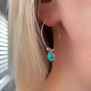 Серьги с бирюзой, серьги-капли с бирюзой, серьги-кольца из стерлингового серебра, серебряные серьги-кольца с бирюзой и бусинами, декабрьский камень 30mm синий