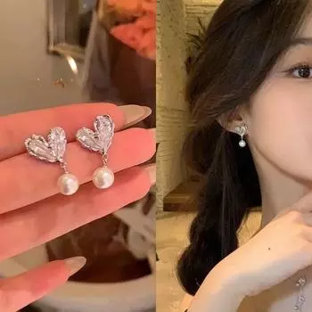 Серьги с блестящим жемчугом Sweetheart Love из циркона: Уникальный, изысканный дизайн для женщин Heart Zirconia Pearl Earrings
