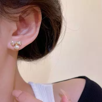 Серьги с бриллиантами и бантиками для женщин, пирсинг, жемчужные золотые серьги, гипоаллергенные аксессуары, ювелирные изделия