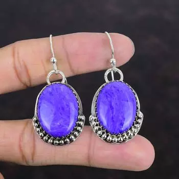 Серьги с чароитом, натуральные драгоценные камни, серьги ручной работы, серьги из стерлингового серебра 925 пробы, элегантные украшения, серьги с целебным камнем, подарки для жены