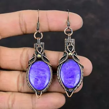 Серьги с чароитом, серьги из медной проволоки, серьги с чароитом, ювелирные изделия ручной работы, дизайнерские серьги, серьги с драгоценными камнями, подарки для мамы, ювелирные изделия из медной проволоки