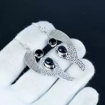 Серьги с черной шпинелью и голубым солнечным камнем, серьги из стерлингового серебра 925 пробы, серьги-подвески ручной работы в стиле бохо, подарок для вечеринки 7 Cm чёрный