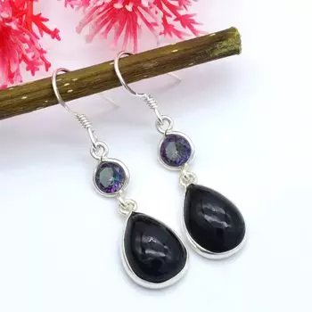Серьги с черным ониксом и мистическим топазом, Серьги с подвесками, Серьги ручной работы, Женские серьги, Подарок на день рождения, Дизайнерские серьги, Ювелирные изделия в стиле бохо, Подарок на годовщину