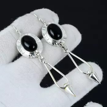 Серьги с черным ониксом, серебряные серьги, овальные серьги с драгоценными камнями, серьги из стерлингового серебра 925 пробы, серьги из натурального драгоценного камня, серьги для медитации 3.14 чёрный
