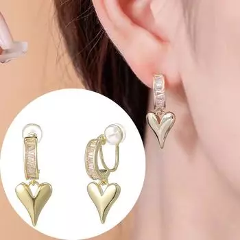 Серьги с цирконием, подарок для женщин без пирсинга, зажимы для ушей, металлические ювелирные изделия в виде сердца с сердечком