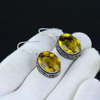 Серьги с цитрином, Серьги из стерлингового серебра 925 пробы, Серьги ручной работы, Антикварные серьги, Драгоценный камень цитрин, Подарки для матери, Ювелирные изделия с цитрином для нее 1.96 жёлтый