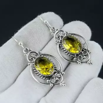 Серьги с цитрином, серебряные серьги с цитрином, серьги с кабошоном из кристалла цитрина, серьги из стерлингового серебра 925 пробы, серьги с драгоценными камнями, серьги с подвесками 2,16 жёлтый