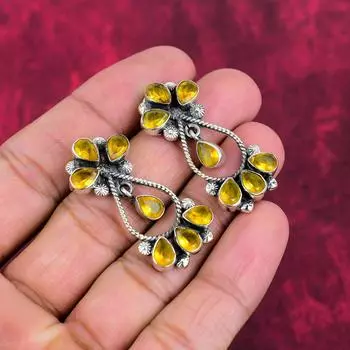 Серьги с цитрином, ювелирные изделия из стерлингового серебра 925 пробы с драгоценными камнями, серьги ручной работы, на День Благодарения 1.65 Inches жёлтый
