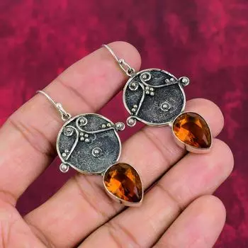 Серьги с цитрином, ювелирные изделия из цельного серебра 925 пробы с драгоценными камнями, серьги ручной работы на День благодарения 2.24 Inches жёлтый