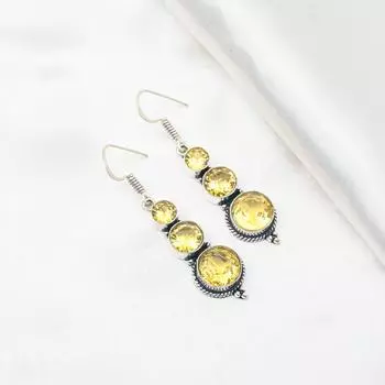 Серьги с цитрином, ювелирные изделия из стерлингового серебра 925 пробы с драгоценными камнями, серьги ручной работы, на День Благодарения 1.96 Inches жёлтый