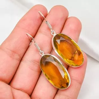 Серьги с цитрином, ювелирные изделия из стерлингового серебра 925 пробы с драгоценными камнями, серьги ручной работы, на День Благодарения 2.16 Inches жёлтый