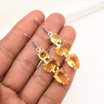 Серьги с цитрином, ювелирные изделия из стерлингового серебра 925 пробы с драгоценными камнями, серьги ручной работы, на День Благодарения 2.08 Inches жёлтый