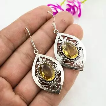 Серьги с цитрином, ювелирные изделия из стерлингового серебра 925 пробы с драгоценными камнями, серьги ручной работы, на День Благодарения 1.77 Inches жёлтый