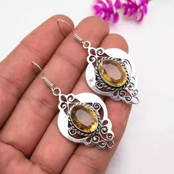 Серьги с цитрином, ювелирные изделия из стерлингового серебра 925 пробы с драгоценными камнями, серьги ручной работы, на День Благодарения 2.16 Inches жёлтый