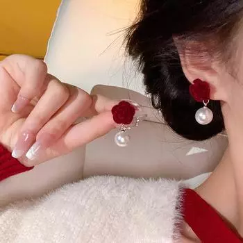 Серьги с цветком розы и жемчугом цвета вина, ретро-свадебные серьги на год 1 Pair