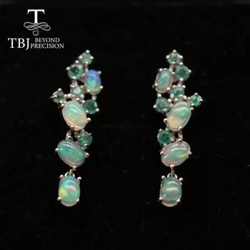 Серьги с цветным драгоценным камнем, опалом, изумрудом, натуральный Эфиопский опал, Замбия, зеленый изумруд, ювелирные изделия, серебро 925 пробы зелёный/белый