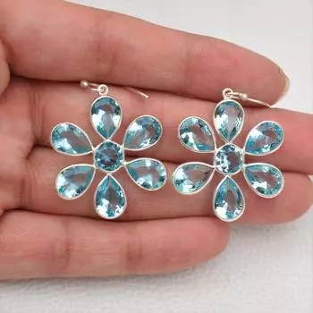 Серьги с цветочным рисунком из натурального голубого топаза, женские подарочные украшения, серьги из серебра 925 пробы, подарок на годовщину, серьги с подвесками, серьги с ободом, серьги для женщин