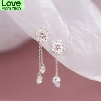 Серьги с цветущей вишней из серебряного порошка 925 пробы и циркония, пара сережек с цветком феи, женские длинные кисточки, маленькие свежие украшения серебряный
