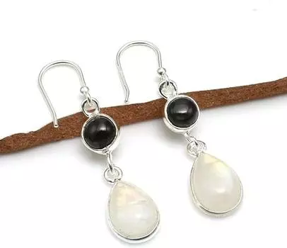 Серьги с драгоценным камнем Moonstone Black Onyx, женские серьги, подарок для нее, дизайнерские серьги, ювелирные изделия ручной работы, серебро 925 пробы