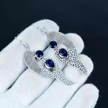 Серьги с драгоценным камнем синий сапфир, серьги из стерлингового серебра 925 пробы, серьги-подвески из серебра ручной работы в стиле бохо, подарок на День святого Валентина 7 Cm синий