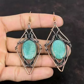 Серьги с драгоценными камнями амазонит, серьги из медной проволоки, висячие серьги ручной работы, уникальные медные дизайнерские украшения, помолвочные подарки, изящные украшения
