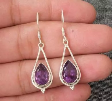 Серьги с драгоценными камнями аметиста, длинные висячие серьги, свадебный подарок, серебряные серьги, подарок подружке невесты, дизайнерские серьги