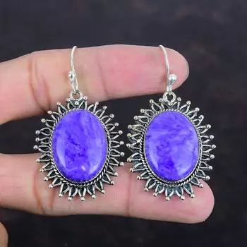 Серьги с драгоценными камнями чароит, ювелирные изделия ручной работы, серьги из стерлингового серебра 925 пробы, оригинальные ювелирные изделия с чароитом, потрясающие висячие серьги, подарки на годовщину