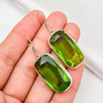 Серьги с драгоценными камнями из перидота, серьги из чистого серебра 925 пробы, серьги ручной работы с камнями по месяцу рождения, подарок для него 1.96 Inches зелёный