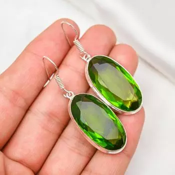 Серьги с драгоценными камнями из перидота, серьги из чистого серебра 925 пробы, серьги ручной работы с камнями по месяцу рождения, подарок для него 2.16 Inches зелёный