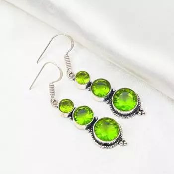 Серьги с драгоценными камнями из перидота, серьги из чистого серебра 925 пробы, серьги ручной работы с камнями по дате рождения, подарок для него 1.96 Inches зелёный