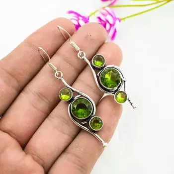 Серьги с драгоценными камнями из перидота, серьги из чистого серебра 925 пробы, серьги ручной работы с камнями по месяцу рождения, подарок для него 2.44 Inches зелёный