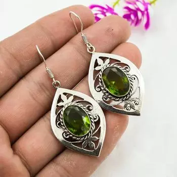 Серьги с драгоценными камнями из перидота, серьги из чистого серебра 925 пробы, серьги ручной работы с камнями по месяцу рождения, подарок для него 1.77 Inches зелёный