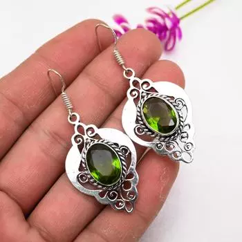 Серьги с драгоценными камнями из перидота, серьги из чистого серебра 925 пробы, серьги ручной работы с камнями по месяцу рождения, подарок для него 2.44 Inches зелёный
