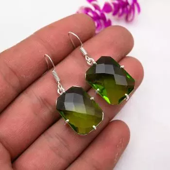 Серьги с драгоценными камнями из перидота, серьги из чистого серебра 925 пробы, серьги ручной работы с камнями по месяцу рождения, подарок для него 1.57 Inches зелёный