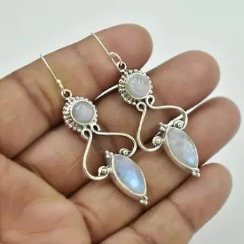 Серьги с драгоценными камнями из радужного лунного камня, серьги с подвесками, серьги с ободом, ювелирные украшения, серьги ручной работы, серьги из серебра 925 пробы