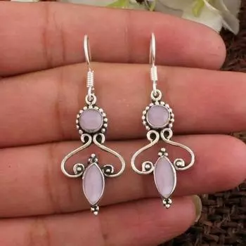 Серьги с драгоценными камнями из розового кварца, серьги-подвески, украшения в стиле бохо, подарок для нее, подарок на день рождения, украшения ручной работы, серьги из серебра 925 пробы