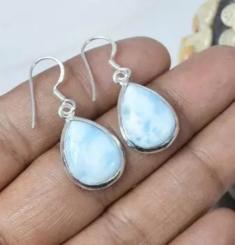 Серьги с драгоценными камнями Ларимар, серебряные серьги 925 пробы, женские серьги, висячие серьги, подарок для нее, ювелирные изделия ручной работы