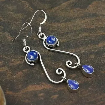 Серьги с драгоценными камнями лазурит, висячие серьги, подарок для нее, серебро 925 пробы, дизайнерское ожерелье, подарок на день рождения